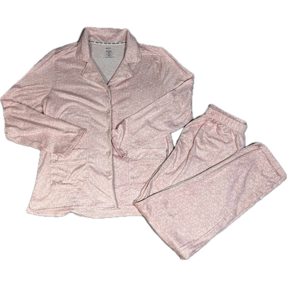 Nine West Sleepwear Pink Heathered Pajama Set Button Front Long Sleeve Pants‎ S